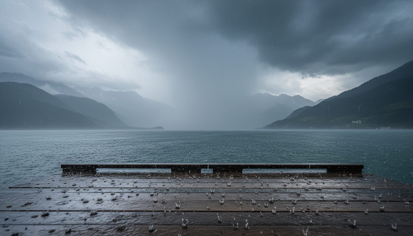 Sturm und Regen über einem Schweizer See, sinnbildlich für Flossbau-Wettergarantie